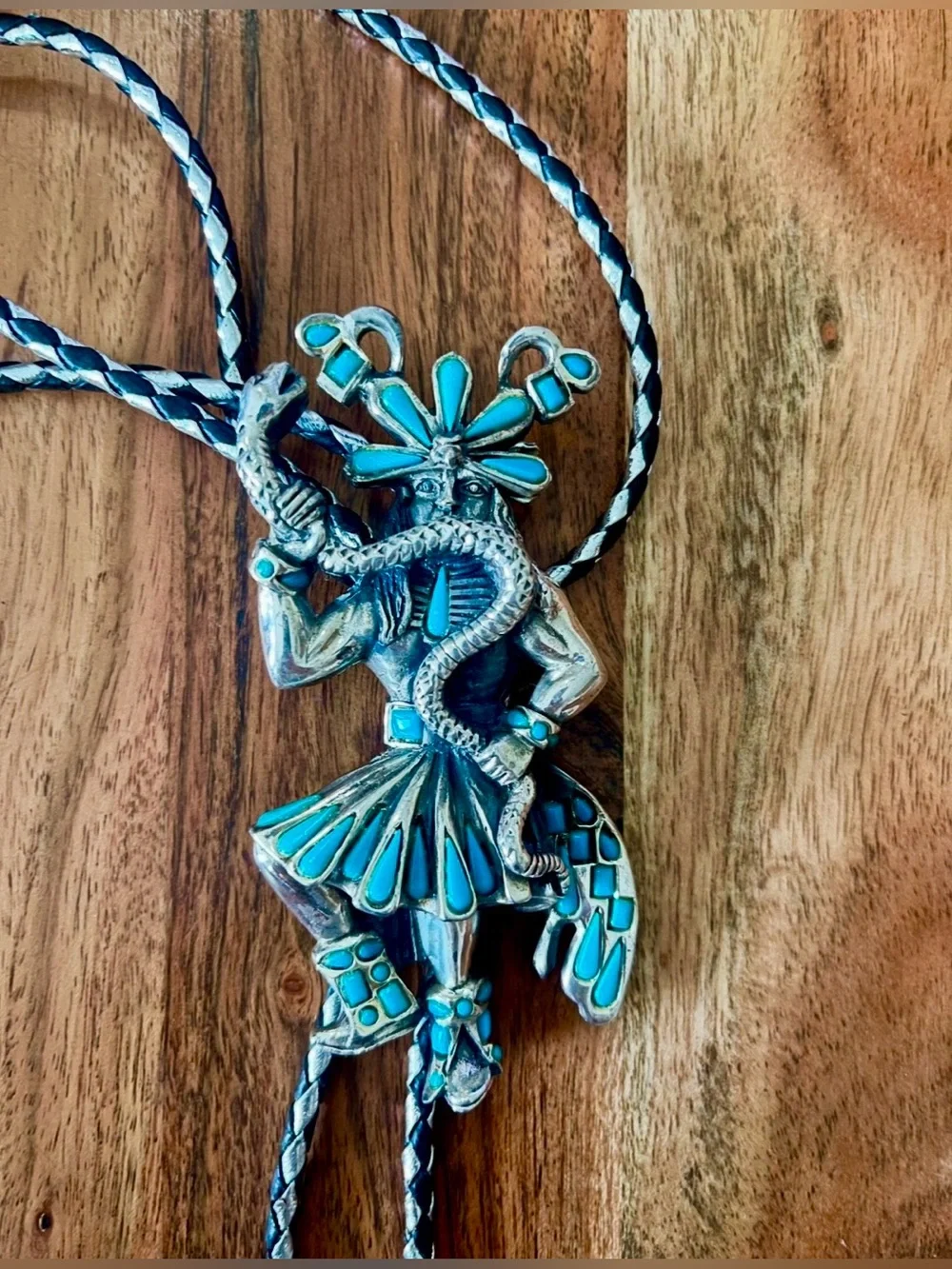Vintage Southwestern bolo tie silver-toned Kachina dancer with snake